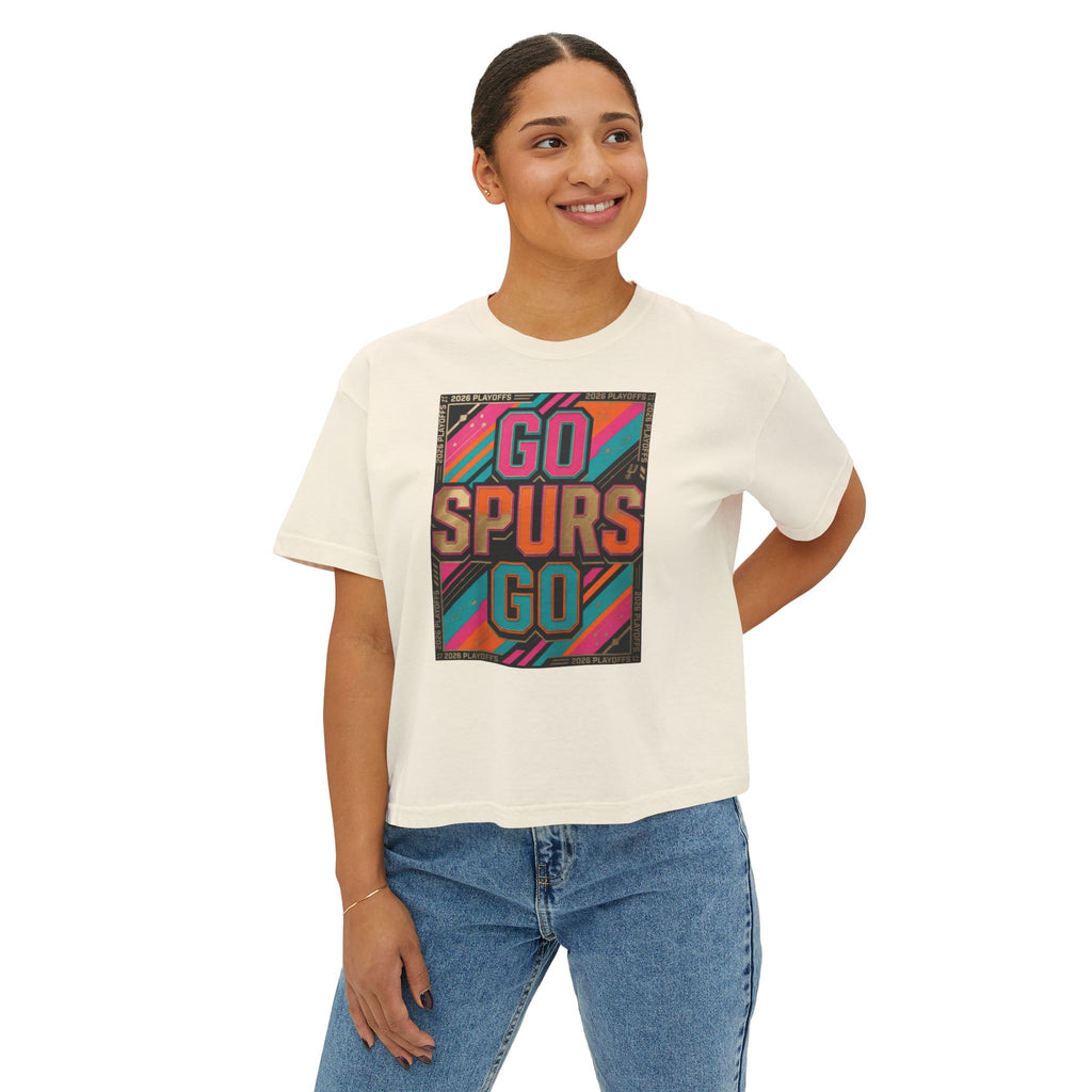 Women's Boxy Go Spurs Go T-Shirt | San Antonio Basketball Fan Tee