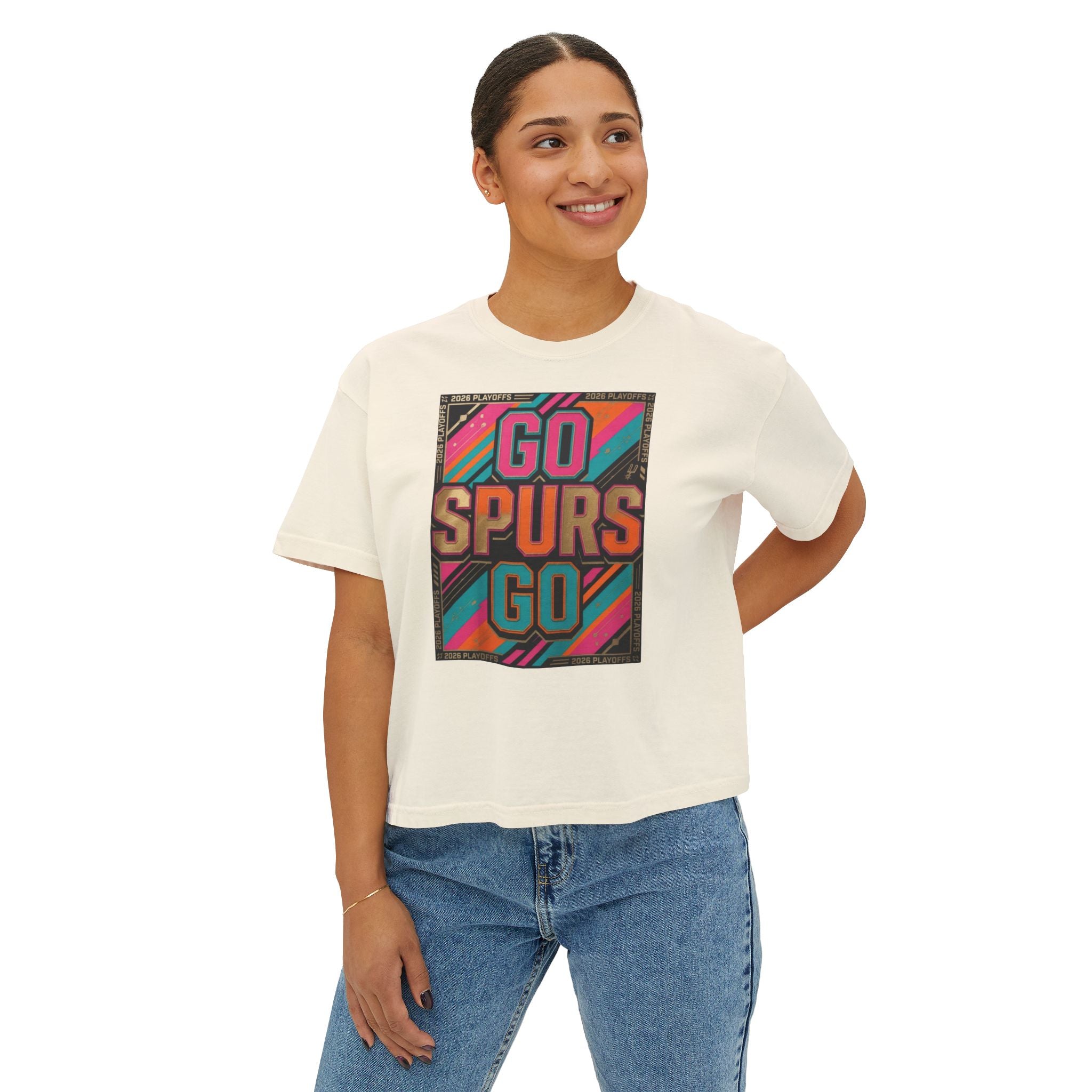 Women's Boxy Go Spurs Go T-Shirt | San Antonio Basketball Fan Tee